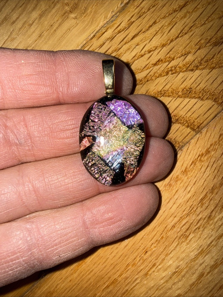 Pink Rainbow Gold & Silver Dichroic Glass Necklace Pendant 1 1/8″