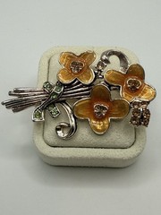 Vintage Pot Metal Brooch Flowers Orange Enamel Rhinestone