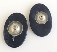 Vintage Art Deco Revival Resin Black Green Oval Pierced Earrings 1-3/16″