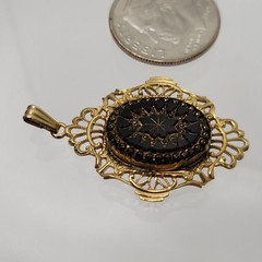 Vtg 1/20-14K Gold Filled GF Pendant Intricate filigree ONYX Dainty signed Estate