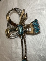 VTG Mazer Sterling Vermeil Aqua Rhinestone Ribbon Bow Dangle Brooch Pin