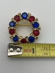 Wreath Circle Ruby Red, Blue & Rhinestone Gold Tone Brooch