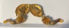Vtg KATE HINES Signed Convertible Gold Tone Amber Lucite Couture Clip Earrings
