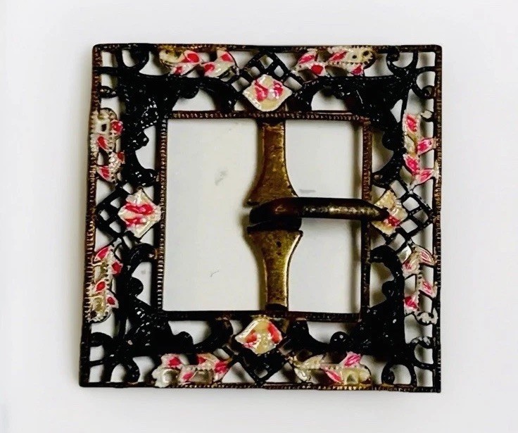 Antique Victorian Art Nouveau 1895-1910 Sash Buckle Enameled Brass 1.5” HTF