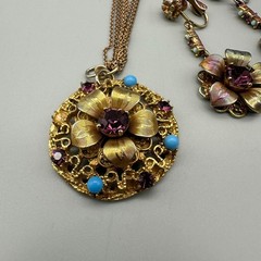 Vintage Purple Jewelry Set 3 Piece Floral Pendant Clip-On Earrings Set Blue Bead