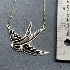 Bird In Flight Necklace 17 In Black Enamel Silver Chain Flying Retro BoHo Glam