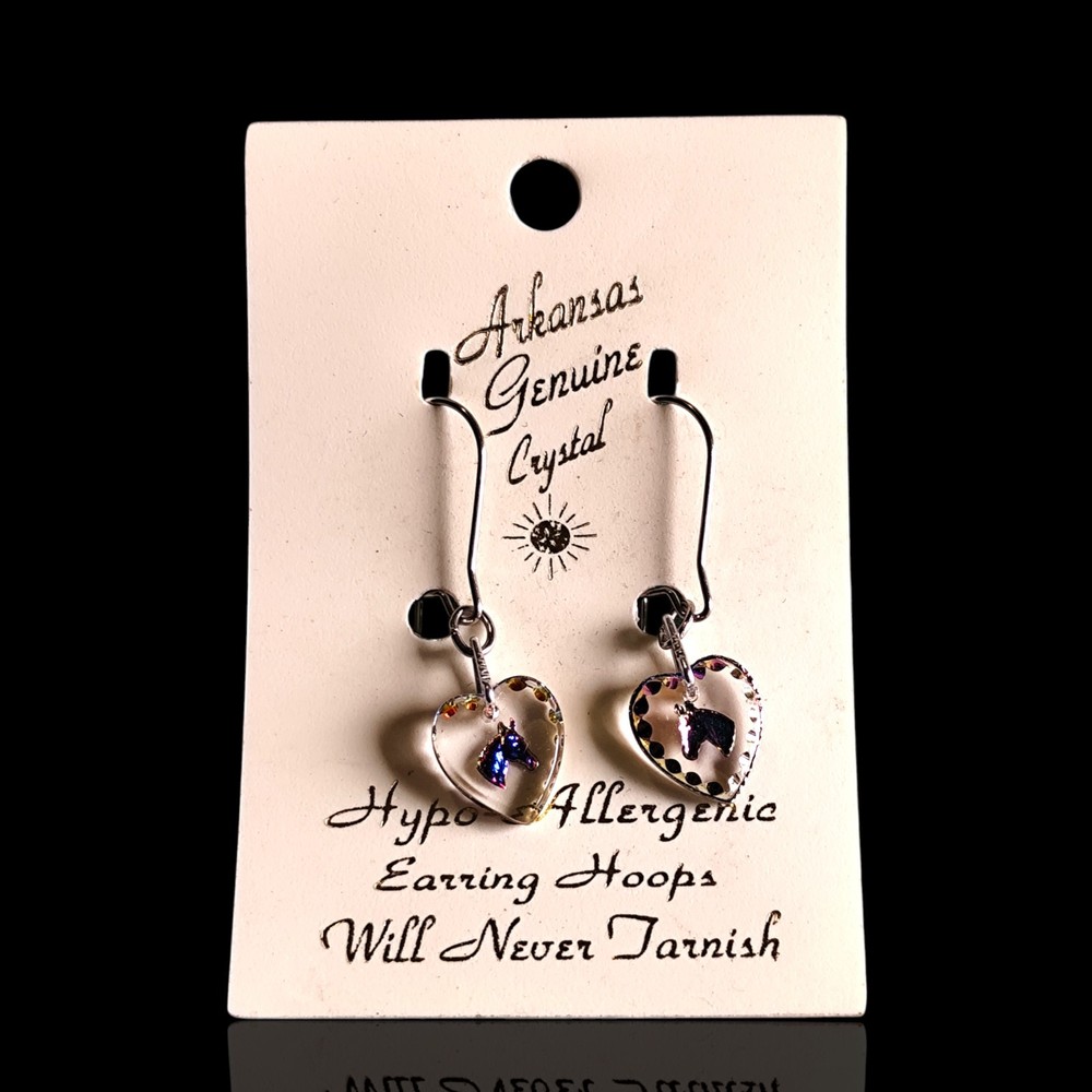 Arkansas Genuine Crystal Reverse Carved Horse Head Cameo Dangle Heart Earrings