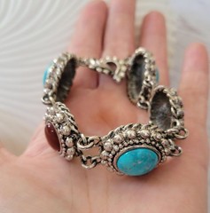 RJ Graziano Faux Turquoise Tigers Eye Carnelian Link Bracelet, Southwestern Silv