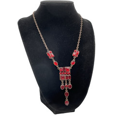 Art Deco Inspired Necklace Bronze Tone Red Lucite Dangles Adjustable 16″ – 19″