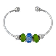 Vintage Sterling Silver 925 | Green Blue Glass Ball Tip Cuff Bracelet | 7″
