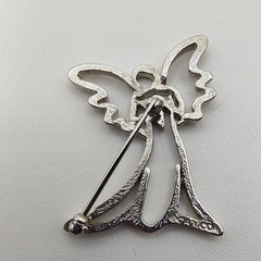 Vintage Guardian Angel Brooch Silver Tone Holding Heart Openwork Celestial Love