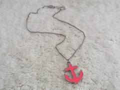 Silvertone Pink Anchor Pendant Necklace (F44)