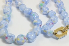 Vintage Mid Century Hand Knotted Blue Confetti Art Glass Bead Necklace 21″ 12mm