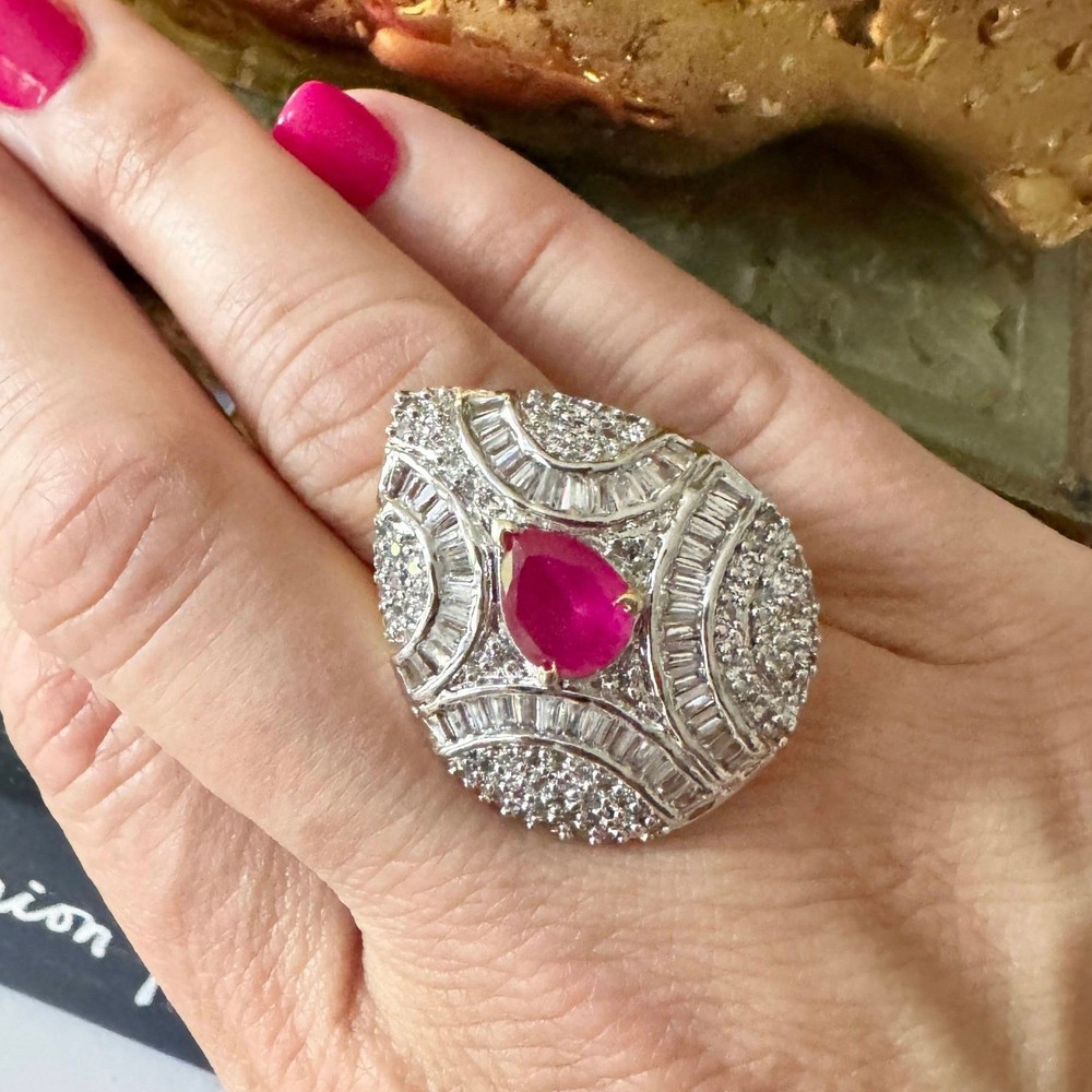Vintage Pear Shape Ruby Cubic Zirconia Statement Ring Size 8 Glam Sparkly Party