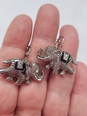 Vintage Elephant Earrings AB Crystals Black Enamel Silvertone Trunk Up Good Luck