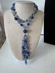Vintage Blue Art Glass Bead Tassel Necklace 5 Strand Bracelet Set Boho Y2K L017
