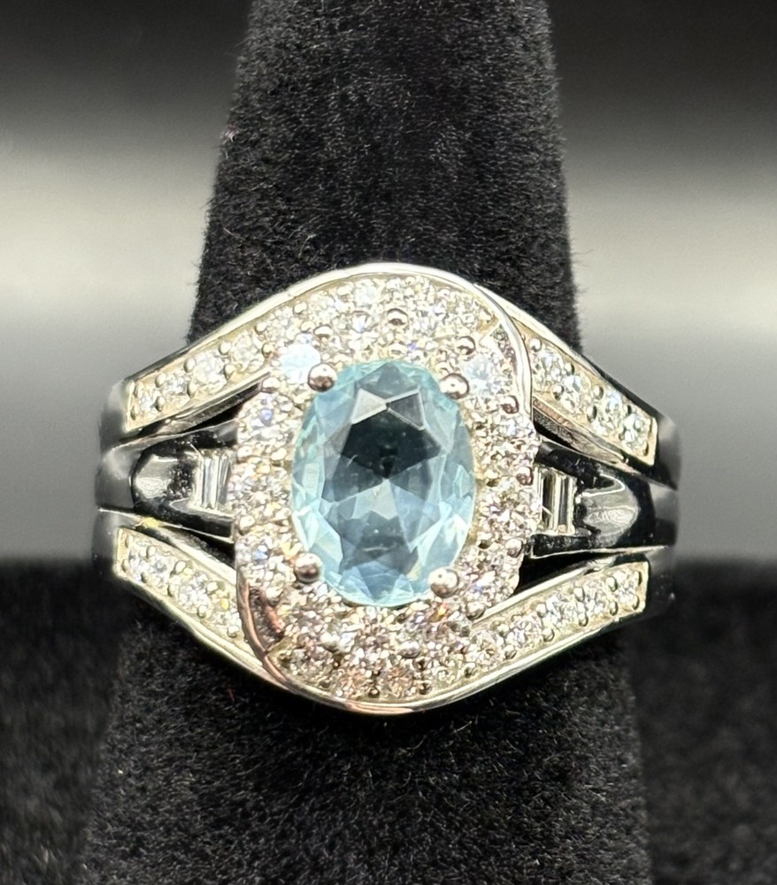 LARGE 2.50 CT DIAMOND & AAA AQUAMARINE 925 STERLING OVAL PEAR SHAPE HALO RING