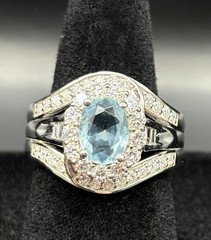 LARGE 2.50 CT DIAMOND & AAA AQUAMARINE 925 STERLING OVAL PEAR SHAPE HALO RING