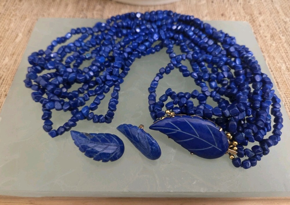 Vintage Multi Strand Necklace & Earrings Blue Lapis Lazuli Stone Carved Leaf