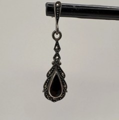 Sterling Silver Earrings Marcasite Onyx Black Drop Dangle Marked 925 3.51g