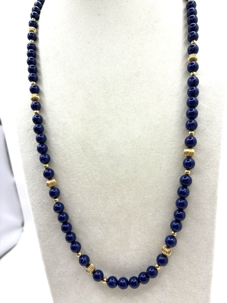 Navy Blue & Gold Tone Beaded Necklace W/ Speckles VTG