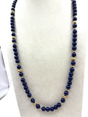 Navy Blue & Gold Tone Beaded Necklace W/ Speckles VTG