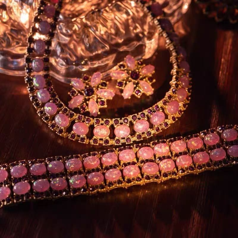 Vintage Pink Opal Necklace Earrings Bracelet Set Gold Tone Statement Jewelry