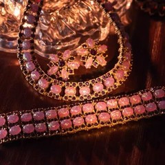 Vintage Pink Opal Necklace Earrings Bracelet Set Gold Tone Statement Jewelry