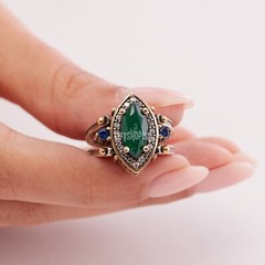 Turkish Reversible Marquise Cut Emerald Sapphire 925 Sterling Silver Ring