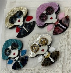 Pretty Lady 2 Blonde Purple Or Blue Hair Leopard Dress Pick Acrylic Brooch Pin