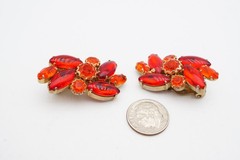Vintage Clip On Earrings Gold Tone Red Orange Rhinestone