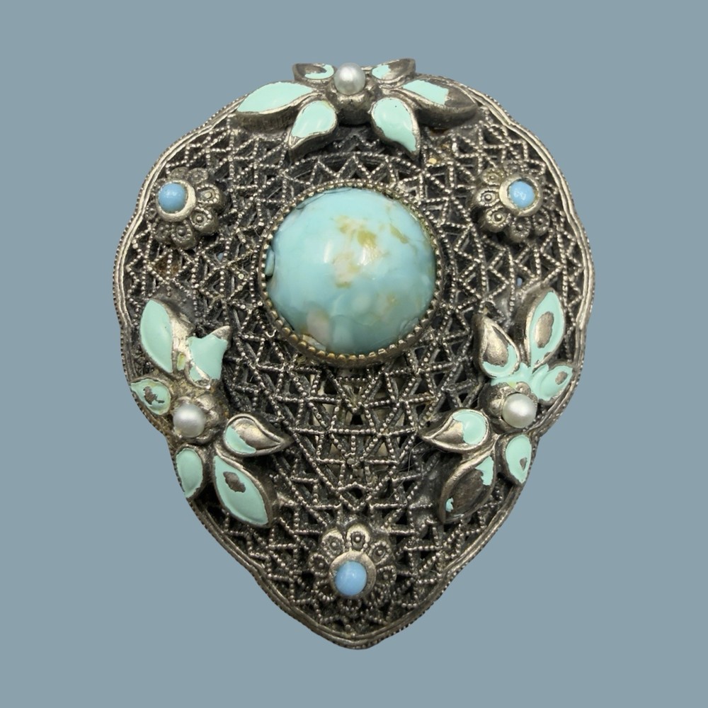 Antique Czech Glass Filigree Enamel Turquoise Blue Fur Dress Clip Brooch NEIGER?