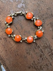 Coro Signed Orange Coral Cabochon Rhinestone Link Bracelet Vintage 1950s