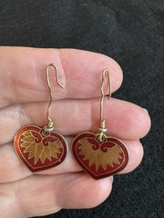 Vintage Laurel Burch ‘Hollyhock’ Red Heart Cloisonne Enamel Gold Plated Earrings