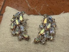 B. DAVID ART DECO VINTAGE IRIDESCENT RHINESTONE NAVETTE CLIMBER CLIP ON EARRINGS