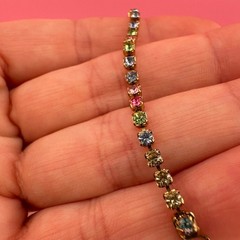 Vintage Rhinestone Bracelet Pastel Multi Color Gold Tone Tennis Cup Chain 6.75″