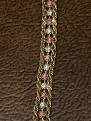 Vintage Pink & Clear Rhinestone Tennis Bracelet Gold Tone 3 Strand 7″ L