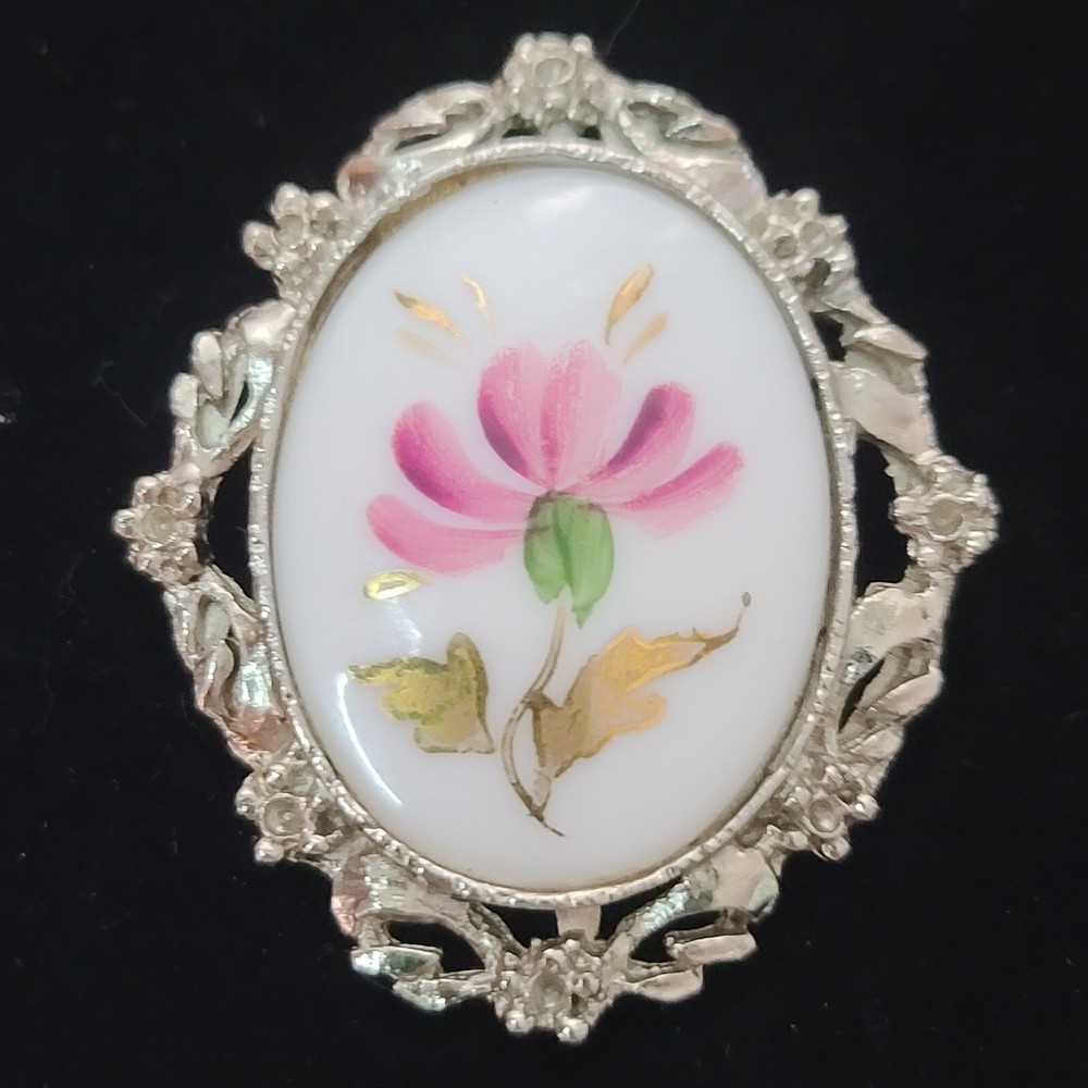Cameo Silver Tone Filigree Hand Painted Floral Medallion Brooch Pin Victorian