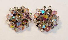 4 Vintage Crystal Glass Bead Cluster Earrings AB Blue White Pink