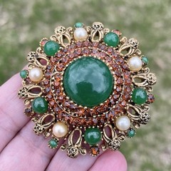 Vintage Karu Arke Inc. Rhinestones Faux Pearls Faux Jade Pendant Brooch
