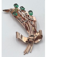 Vintage Coro Pegasus Sterling Silver Rose Gold Vermeil Green Floral Brooch 1940s