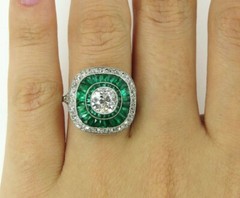 Art Deco Style Lab-Created Diamond Halo Emerald Wedding 14K White Gold FN Ring