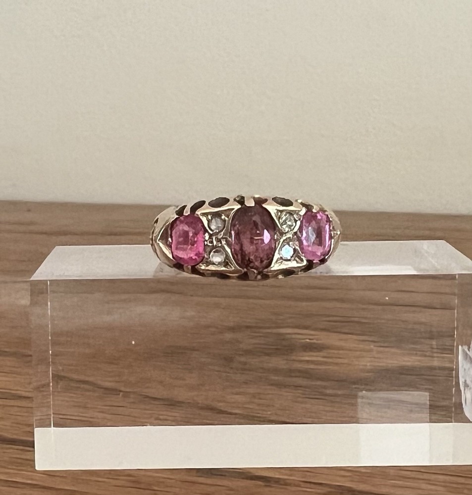 Antique 1911 Edwardian 9K Gold 3 Pink Tourmaline & 4 Old Cut Diamond Ring sz 7