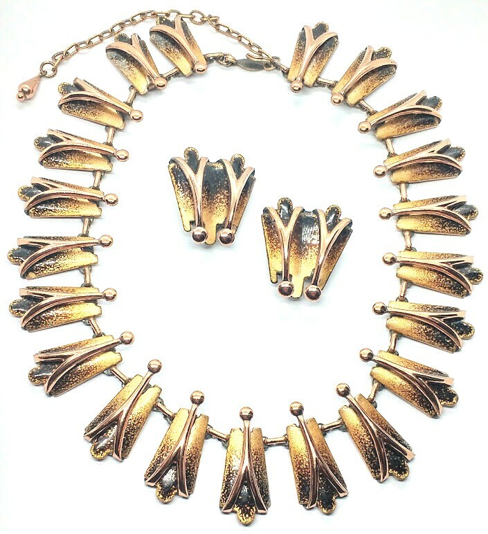 Elegant Vintage Mid-Century Matisse Black Enamel Copper Necklace Earrings Set