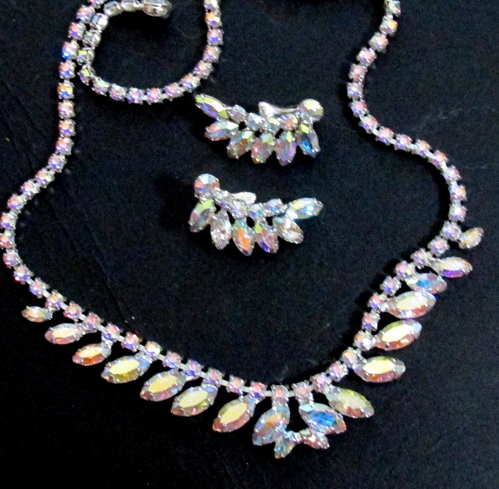 VTG EXQUISITE B DAVID AB RHINESTONE NECKLACE CLIP EARRINGS Prong Set 60s EXC