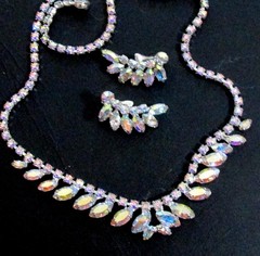 VTG EXQUISITE B DAVID AB RHINESTONE NECKLACE CLIP EARRINGS Prong Set 60s EXC