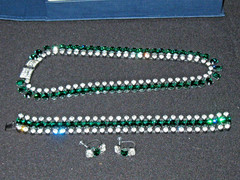 Vintage Faux Emerald Green & Clear Rhinestone Necklace Bracelet Earring Set RARE