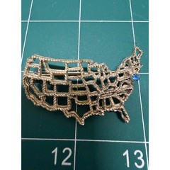 Vintage Goldish Tone USA Map Brooch Blue Rhinestone Patriotic United States Pin