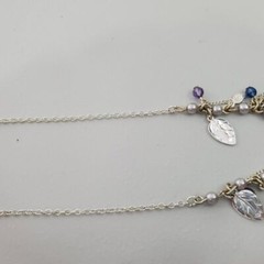 Avon Necklace Silver Tone Purple Chain Charm Beaded Leaf Tear Drop Blue Pearl