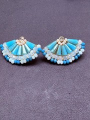 Vintage Aqua Blue Beaded Rhinestone Fan Earrings